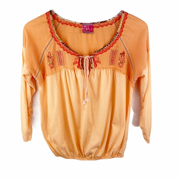 FREE PEOPLE BOHO Orange 3/4 Sleeve Peasant Summer Top XS - Picture 2 of 5